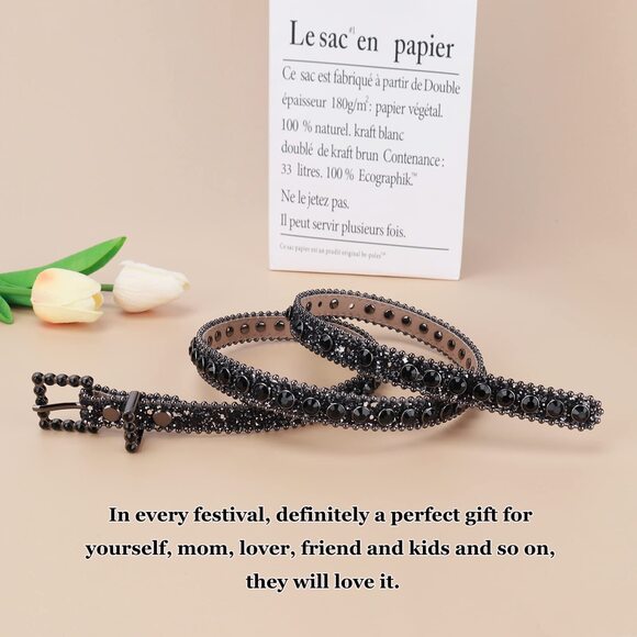 2292 Womens Thin Belts Skinny Leather Belt Luxury Strap Rhinestones Studded main image 4